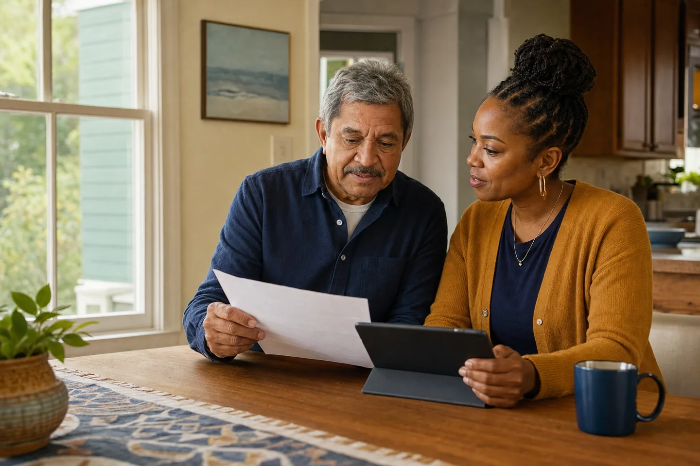 Two homeowners calmly reviewing a property notice and tablet together