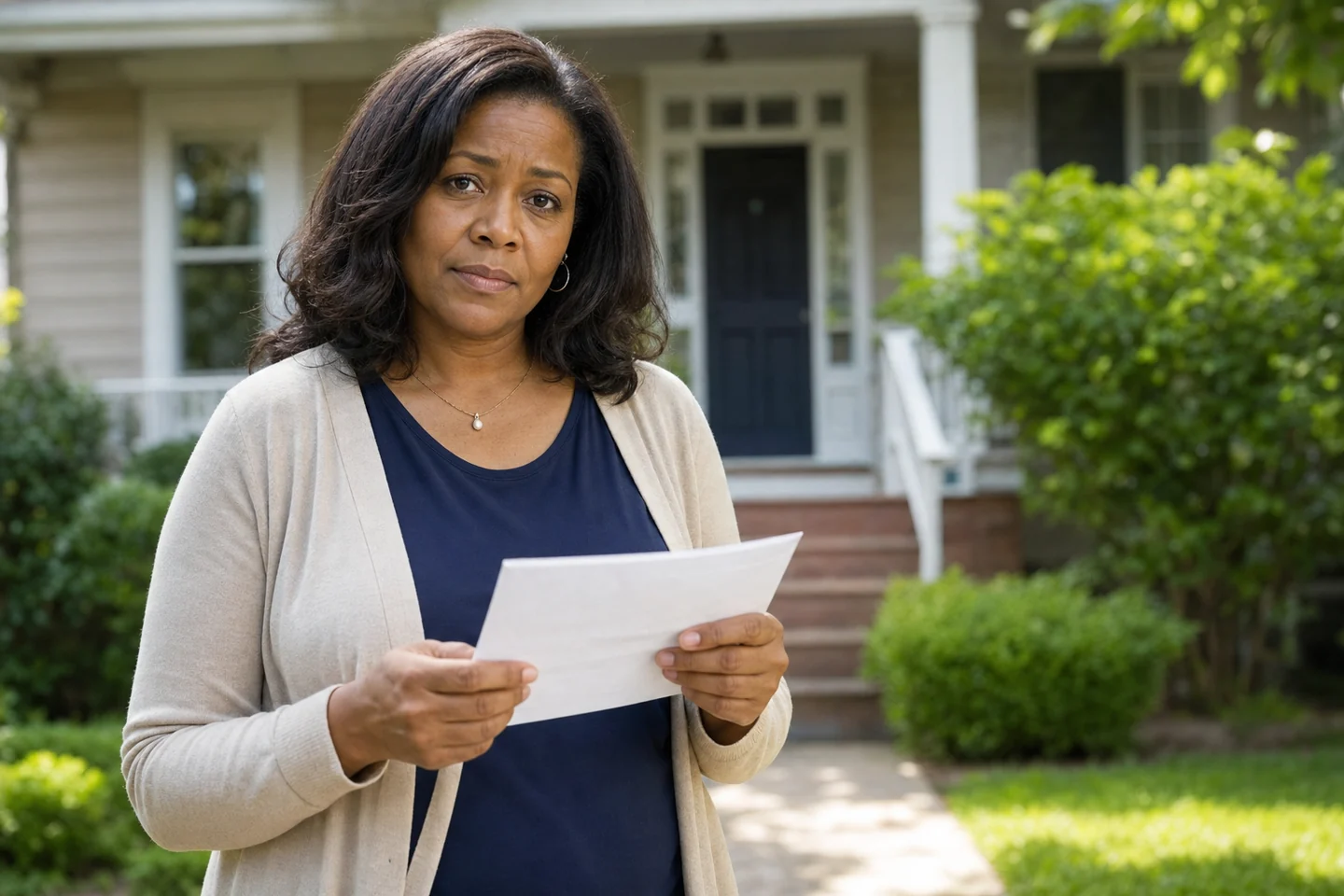 A middle-aged homeowner holding a property-related letter outside her home