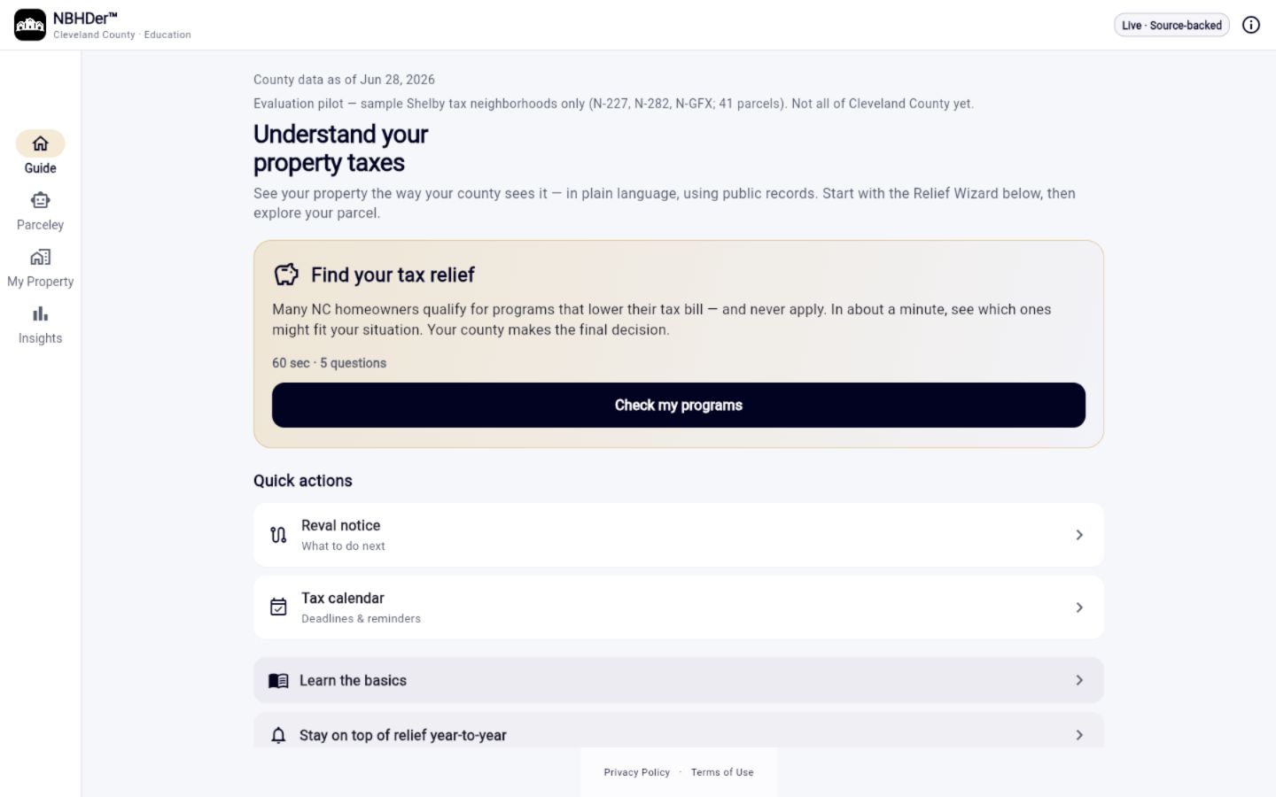The current NBHDer app Guide screen, showing the Cleveland County evaluation scope, a prominent Find your tax relief panel, and quick educational actions