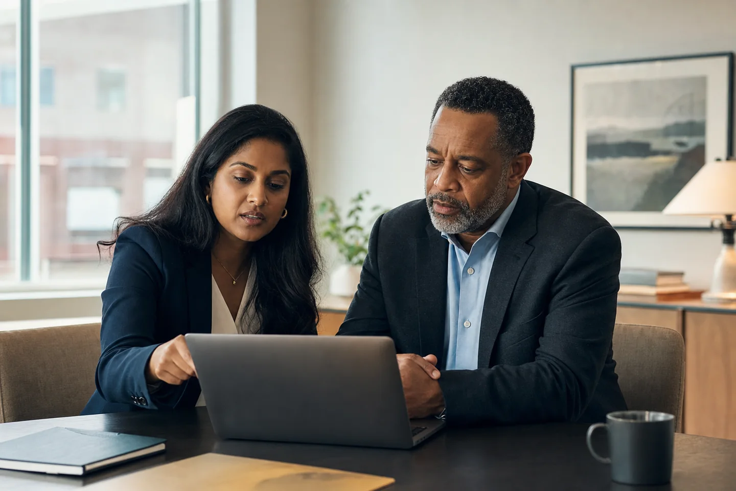 Two technology and procurement professionals reviewing software on a laptop